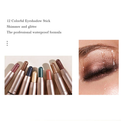 12 Colors Long Lasting Eye Shadow Pencil Set Silky Smooth Glitter Shimmer Matte Waterproof Highlighter Makeup Stick