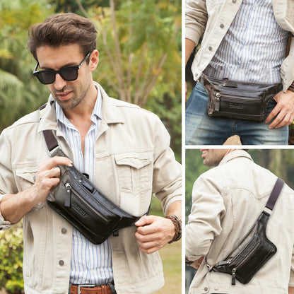 CONTACT'S Genuine Leather Waist Bags for Men Customize Waist Packs Crossbody Bag Phone Pocket Name Engraving Male Travel Bags
