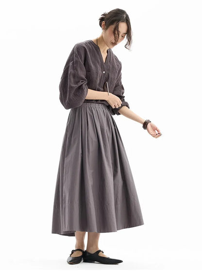 Hepburn-Style Mini Skirt~Pleated Skirt for Petite Figures, Gray-Purple 100% Cotton Umbrella Skirt, Gray A-Line Skirt, New Style for Women