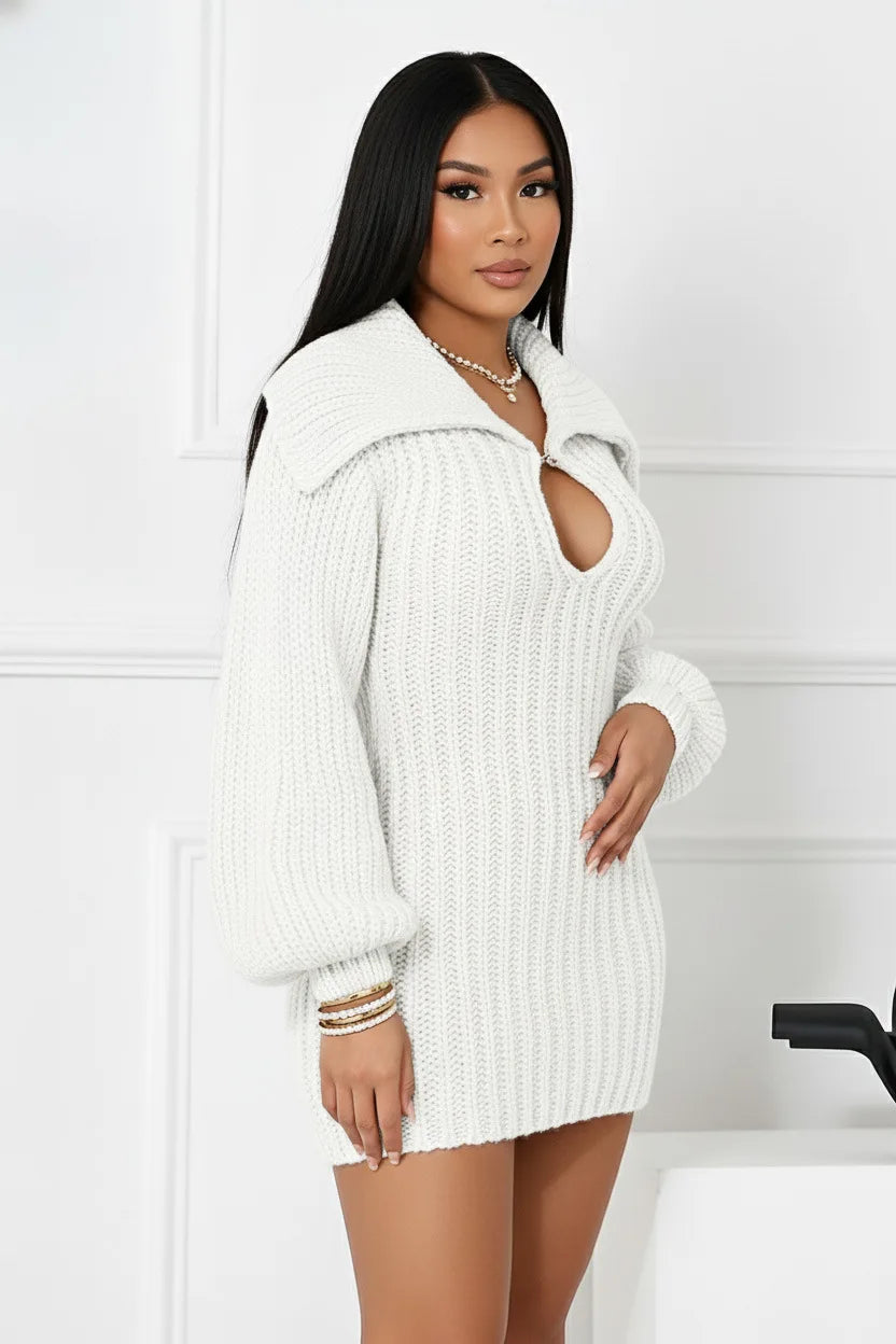2025 New High Collar Elegant Commuter Big Collar Slim Fit Elastic Lantern Sleeve Woolen Dress