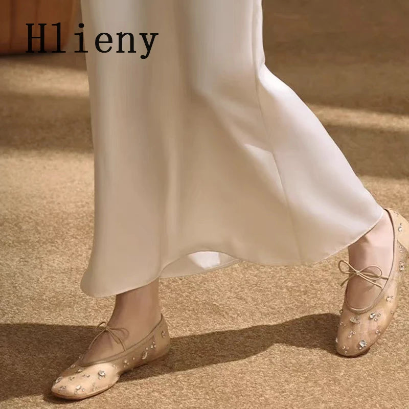 Hlieny Fashion Lace Up Mary Jane Shoes Women Elegant Ballet Flats Crystal Rhinestone Mesh Round Toe Loafers Ladies Mules Sandals