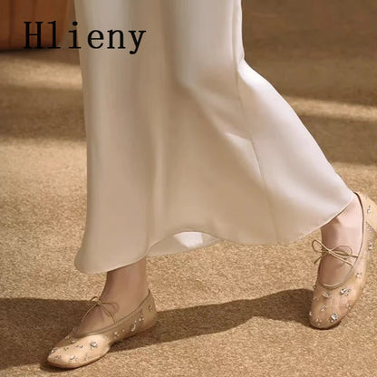 Hlieny Fashion Lace Up Mary Jane Shoes Women Elegant Ballet Flats Crystal Rhinestone Mesh Round Toe Loafers Ladies Mules Sandals