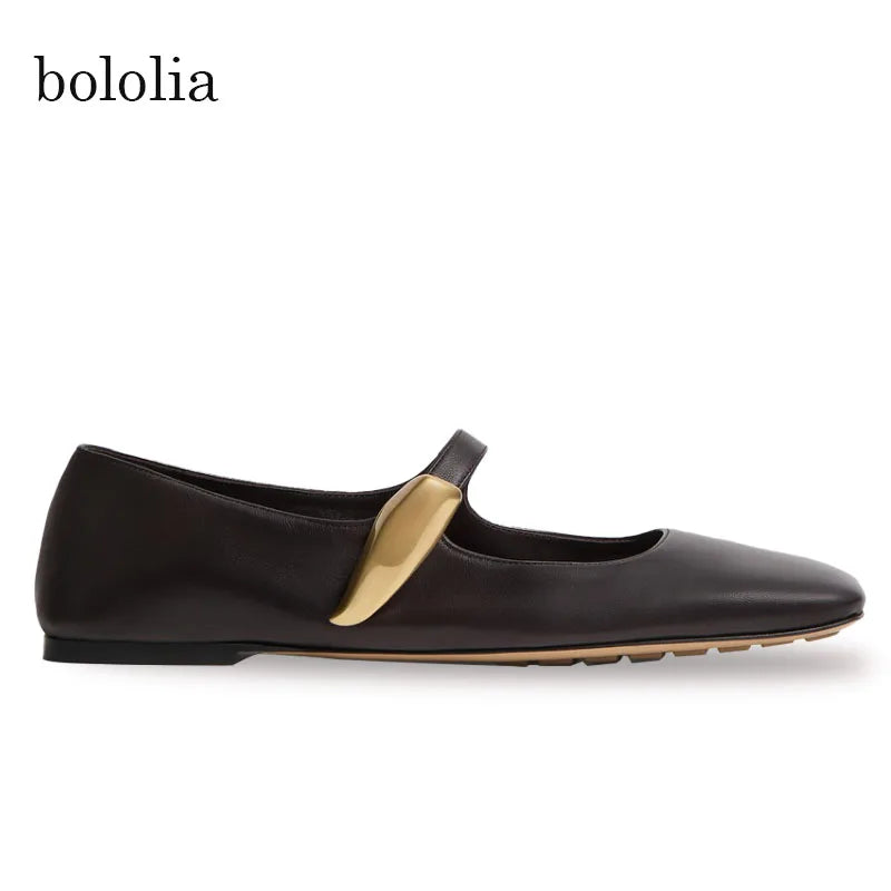 High Quality Women's Soft-soled Mary Jane Square Toe Versatile Commuter Metallic Decor One Strap Genuine Leather Flat Shoes