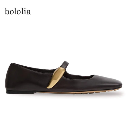 High Quality Women's Soft-soled Mary Jane Square Toe Versatile Commuter Metallic Decor One Strap Genuine Leather Flat Shoes