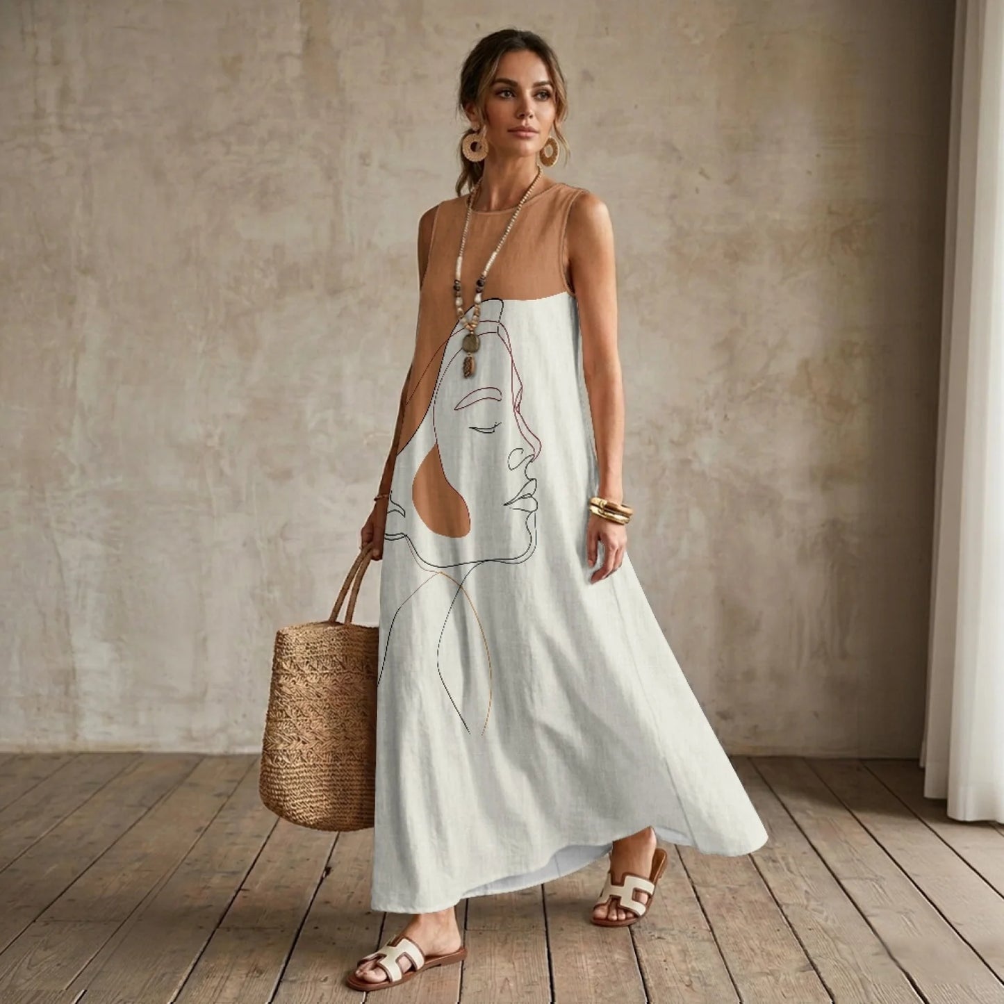 Imitation Linen Loose Vest Long Skirt Artistic Portrait Print O-neck Sleeveless Dress Comfortable Summer Dresses for Women
