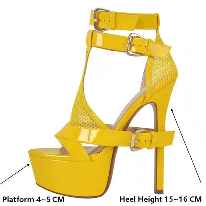 Onlymaker Women Yellow Mesh Buckle Peep Toe Platform Sandals Thin Heels Ankle Strap Buckle Dress Sexy Party Stiletto Sandals