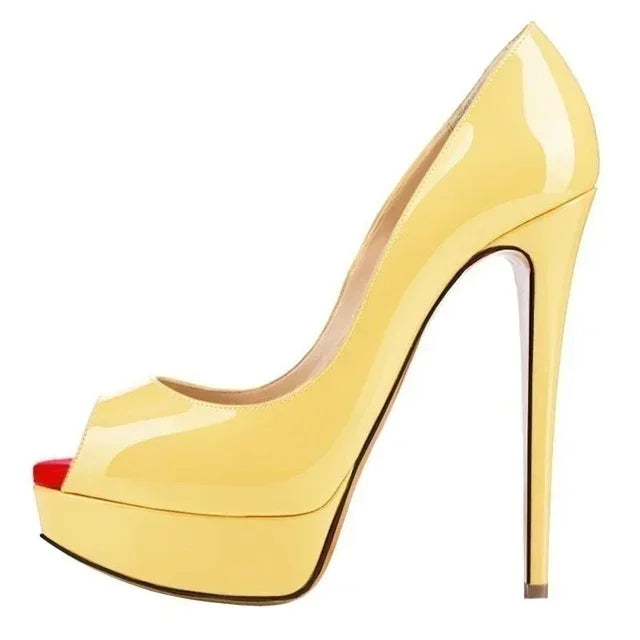 Women Stilettos Sexy Pumps 14cm Extremely Platform Peep Toe High Heels Patent Leather Party Nighclub Dress Red Wedding Shoes