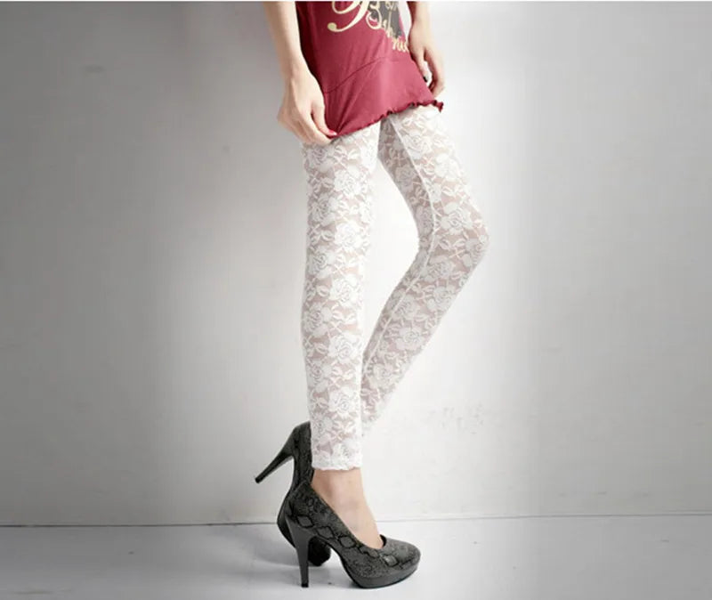 New Retro Sexy Net yarn Lady Rose Lace Elegant Through Leggings Pants Footless Black White Women Summer Skinny Nine Pants