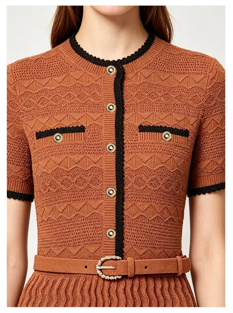ZJYT Summer New 2026 Fashion Women's Knitted Dress Sweaters Elegant Short Sleeve Mid Calf Casual Holiday Dresses Female Vestido