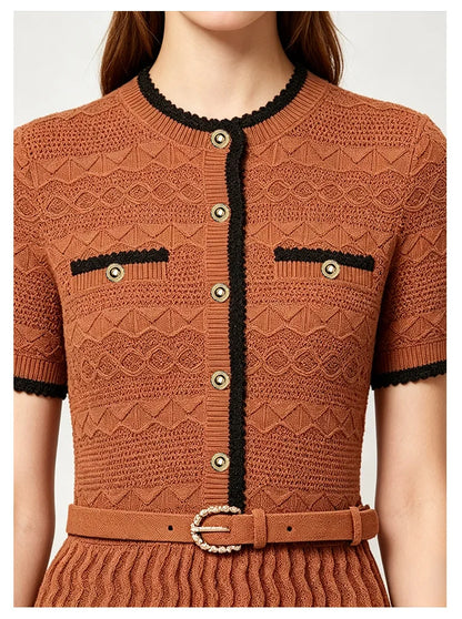ZJYT Summer New 2026 Fashion Women's Knitted Dress Sweaters Elegant Short Sleeve Mid Calf Casual Holiday Dresses Female Vestido