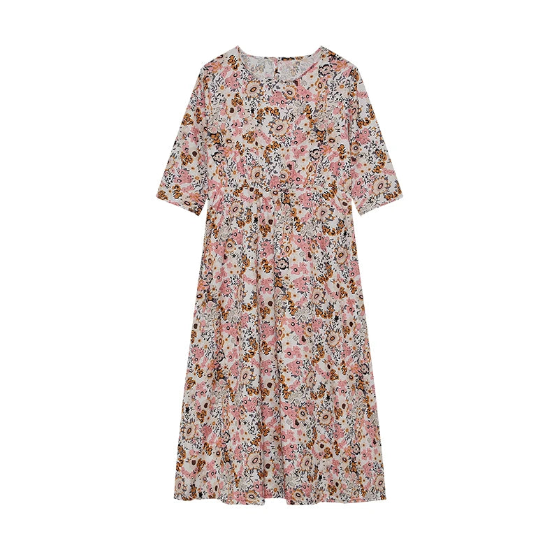 Women's Spring/Summer round Neck Pullover Dress with Pockets Middle Sleeve Loose Casual Print Midi Length