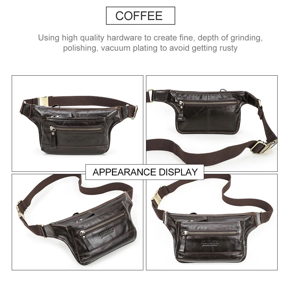 CONTACT'S Genuine Leather Waist Bags for Men Customize Waist Packs Crossbody Bag Phone Pocket Name Engraving Male Travel Bags