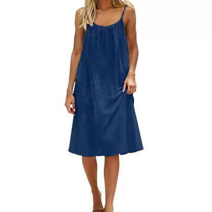 Summer Women Spaghetti Strap Dress Solid Color Loose Casual Midi Dress Sleeveless A-Line Beach Sundress