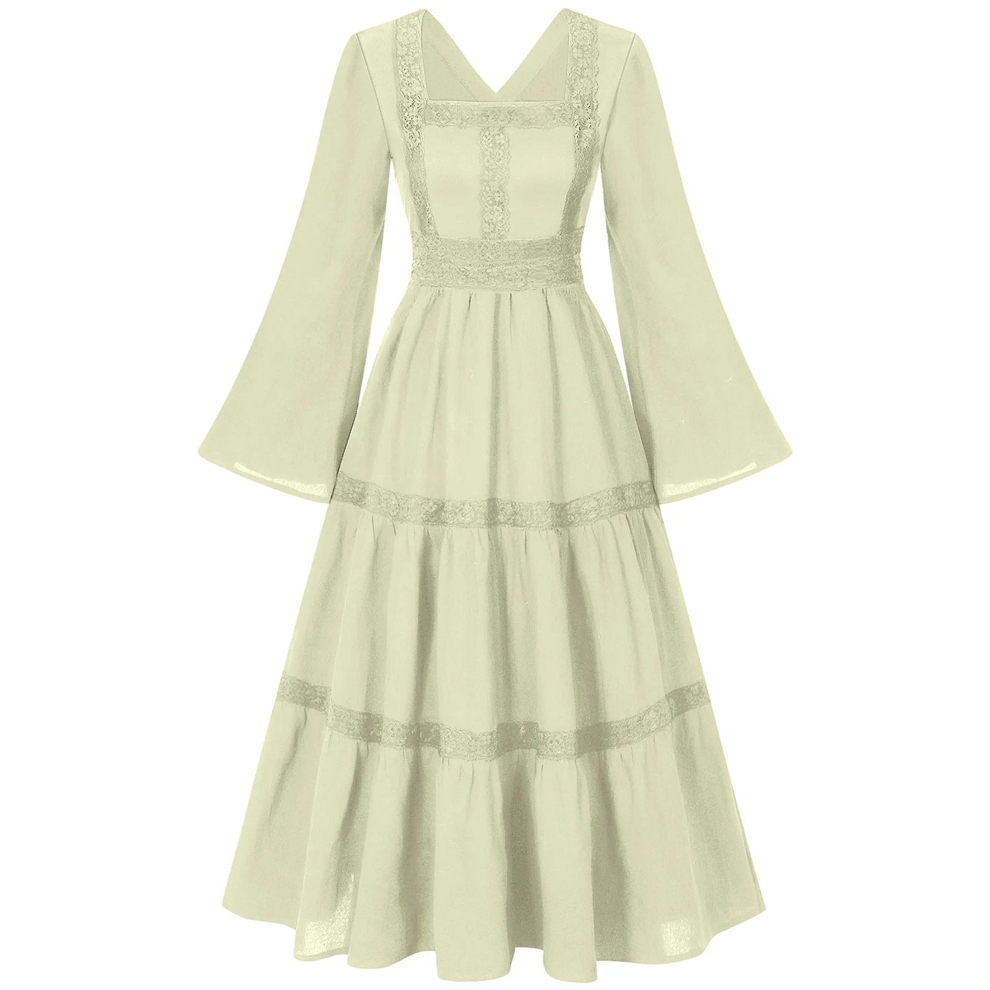 2025 New Beige Halloween/Christmas Square Neck Lace Trim Bell Sleeve Dress for Women, Halloween/Christmas COS Costumes Long Sirt