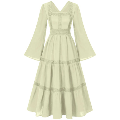 2025 New Beige Halloween/Christmas Square Neck Lace Trim Bell Sleeve Dress for Women, Halloween/Christmas COS Costumes Long Sirt