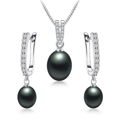 YWYC Horseshoe 8-9mm Rice Freshwater Pearl Earrings&Necklaces Jewelry Set for Women 925 Sterling Silver 45cm Pendant Necklace