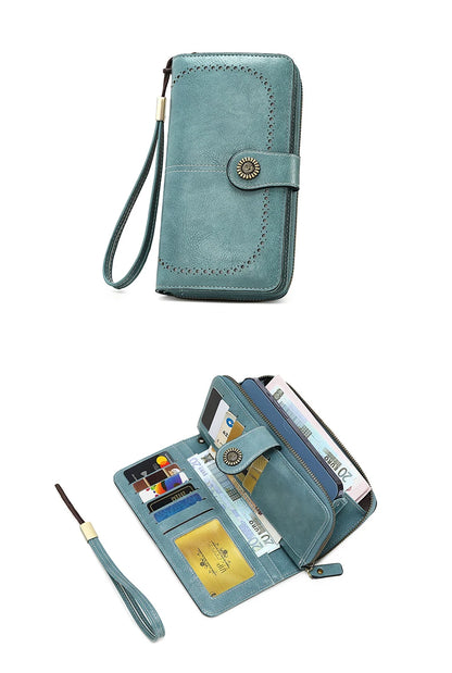 Vintage Large Capacity Women's Purse, Monochromatic, Multi-card, Long Wallet, Multi-function Zipper Strap, Wrist Strap, New
