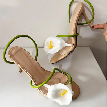 Onlymaker Women Open Toe Elegant Calla Lily Flower Sandals Wedding Heels Dressy Slingback Kitten Heel Summer Strappy Sandals