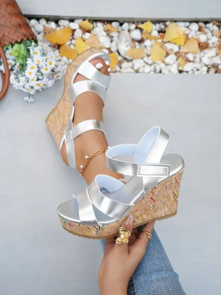 Women's Silver Chunky Platform Sandals 2026 Summer Cork Thick Sole Wedge Sandals Woman Plus Size 43 Pu Leather Casual Shoes