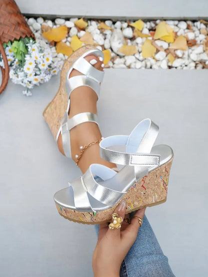 Women's Silver Chunky Platform Sandals 2026 Summer Cork Thick Sole Wedge Sandals Woman Plus Size 43 Pu Leather Casual Shoes