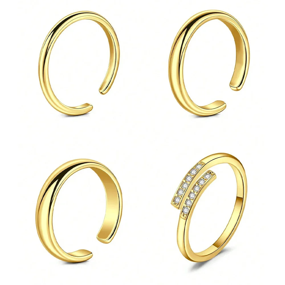 4pcs Stainless Steel Toe Ring Pack Set Hollow Love Flower Leaves Spot Drill Moon Multi-Style Size Adjustable Summer Beach Must