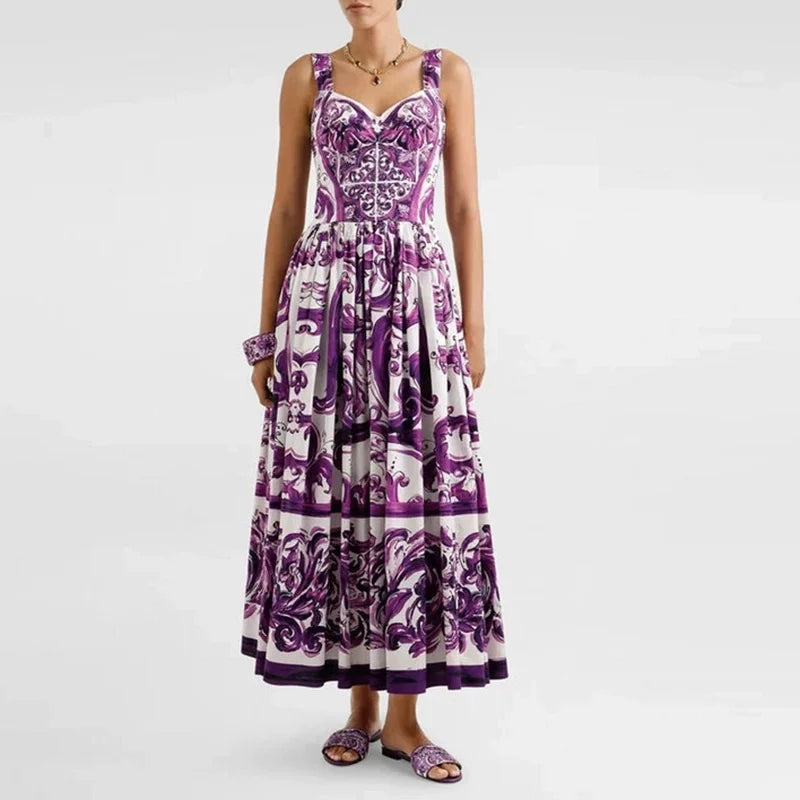 Seifrmann Baroque print Slim Ball Gown Dress Spaghetti Strap Backless Pleated Splicing Casual Holiday A-Line Cotton Dresses