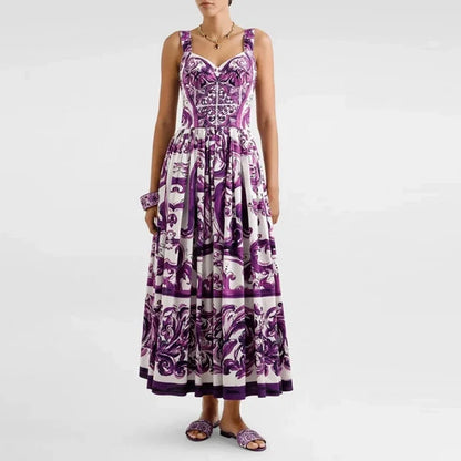 Seifrmann Baroque print Slim Ball Gown Dress Spaghetti Strap Backless Pleated Splicing Casual Holiday A-Line Cotton Dresses