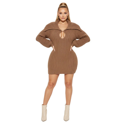 2025 New High Collar Elegant Commuter Big Collar Slim Fit Elastic Lantern Sleeve Woolen Dress