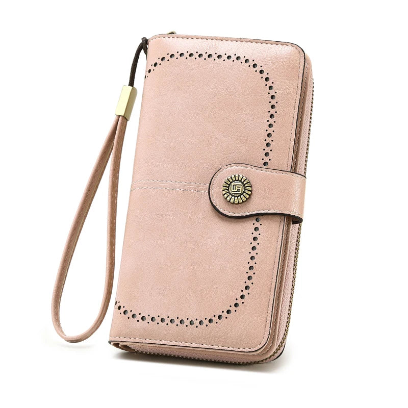 Vintage Large Capacity Women's Purse, Monochromatic, Multi-card, Long Wallet, Multi-function Zipper Strap, Wrist Strap, New