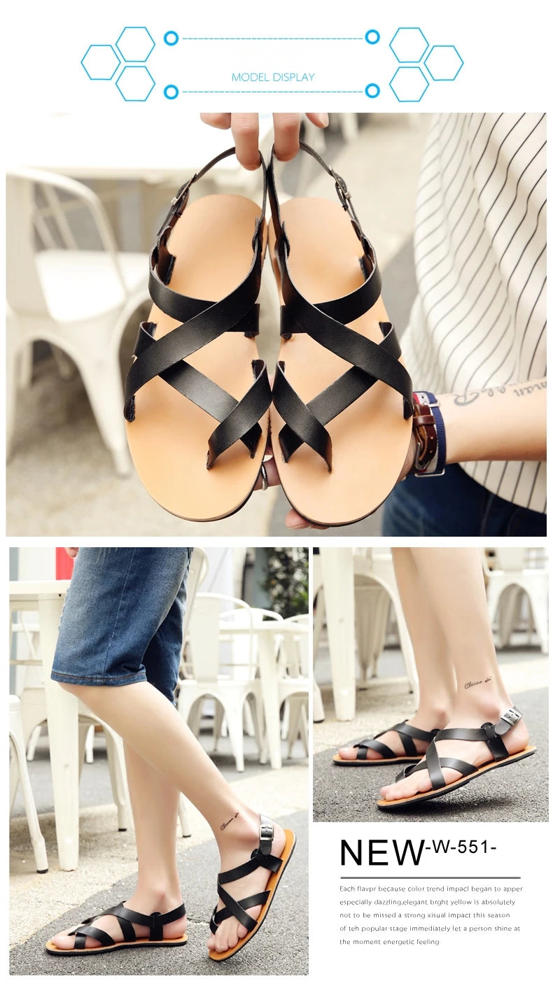 New Summer Men Sandals Leather Vintage Flat Heel Solid Buckle Beach Gladiator Sandals Shoes Breathable Men Flip Flops Sandals