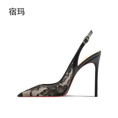 Black lace high-heeled sandals for the summer of 2025, new pointed, thin heel,shallow mouth,comfortable professional single shoe