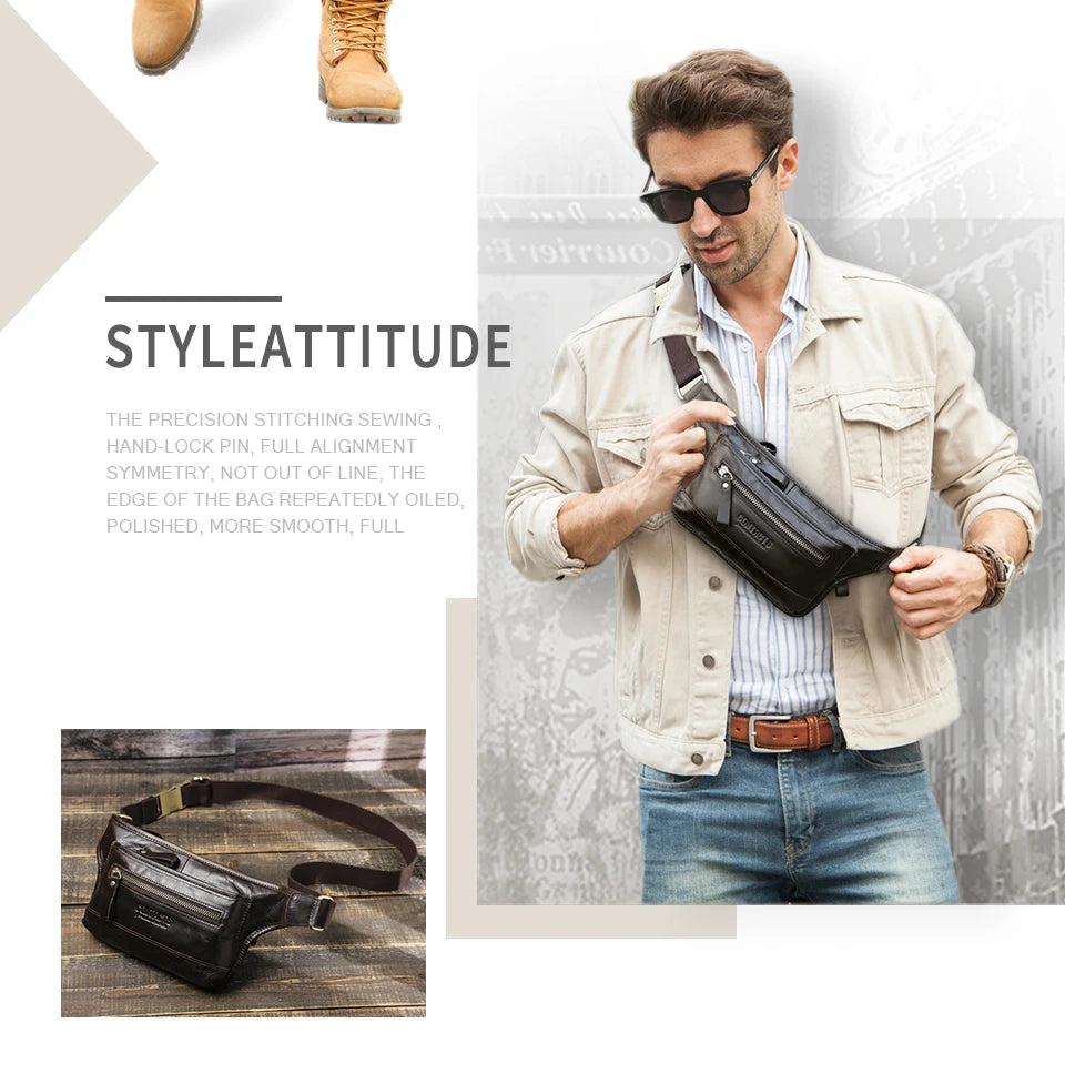 CONTACT'S Genuine Leather Waist Bags for Men Customize Waist Packs Crossbody Bag Phone Pocket Name Engraving Male Travel Bags