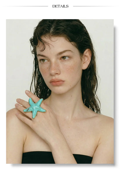 Yhpup 4 Color Ocean Style Acrylic Resin Big Starfish Adjustable Ring Stainless Steel Summer Vacation Jewelry for Women Tropical