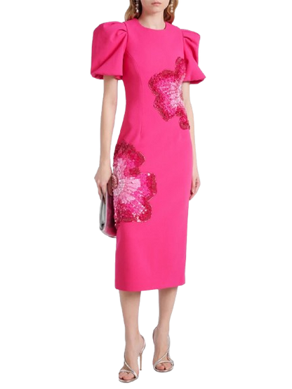 HIGH STREET Newest 2026 Designer Fashion Women's Beaded Sequin Three-Dimensional Flower Short Sleeved Midi Dress