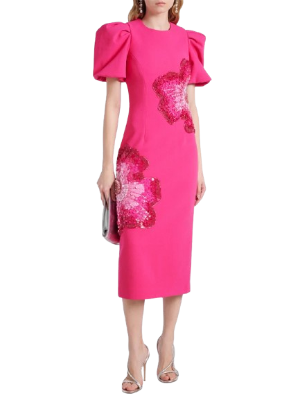 HIGH STREET Newest 2026 Designer Fashion Women's Beaded Sequin Three-Dimensional Flower Short Sleeved Midi Dress