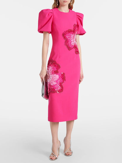 HIGH STREET Newest 2026 Designer Fashion Women's Beaded Sequin Three-Dimensional Flower Short Sleeved Midi Dress