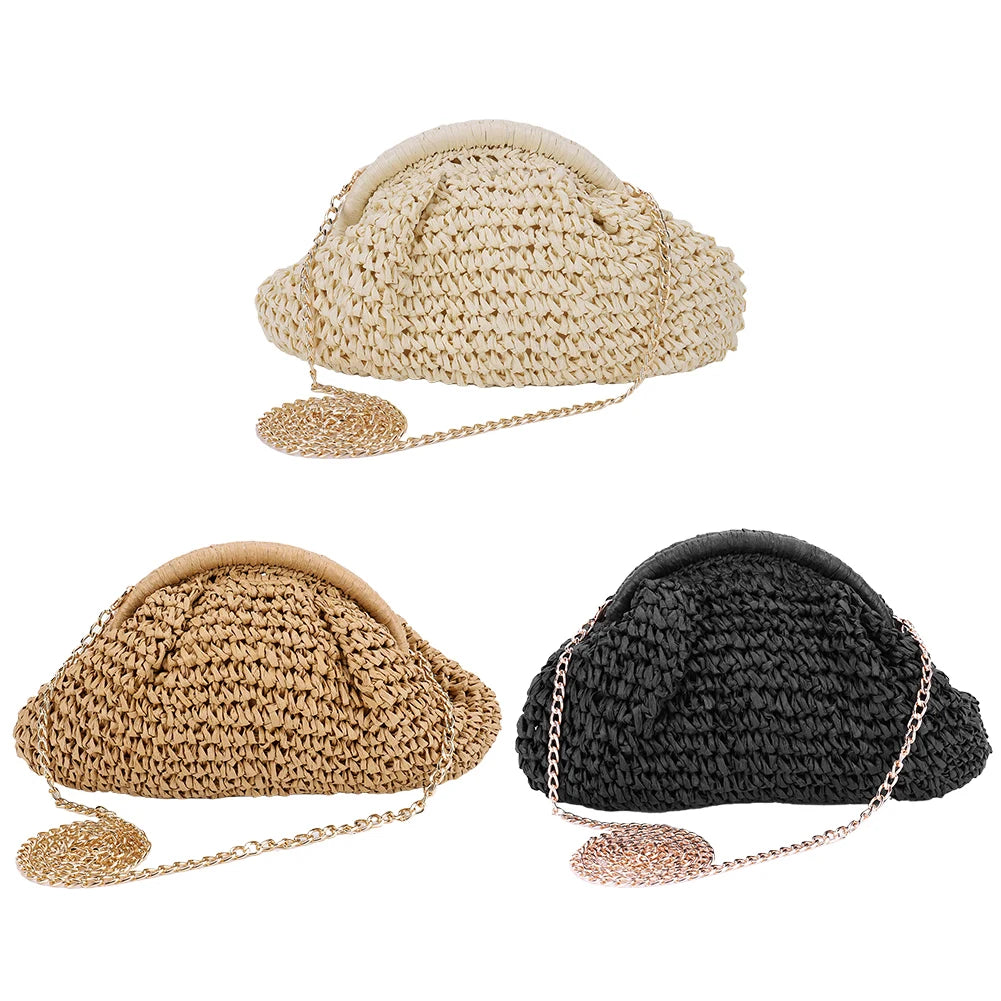 Women Straw Woven Bag Chain Strap Fashion Shoulder Bag Large Capacity Weaving Satchel Bag Solid Color for Party Vacation