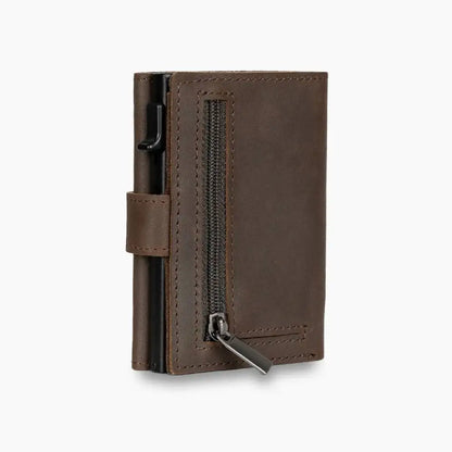 Casekey Men Credit Metal Card Holder RFID Blocking Minimalist Crazy Horse Genuine Leather Pop Up Trifold Wallet with Coin Purse