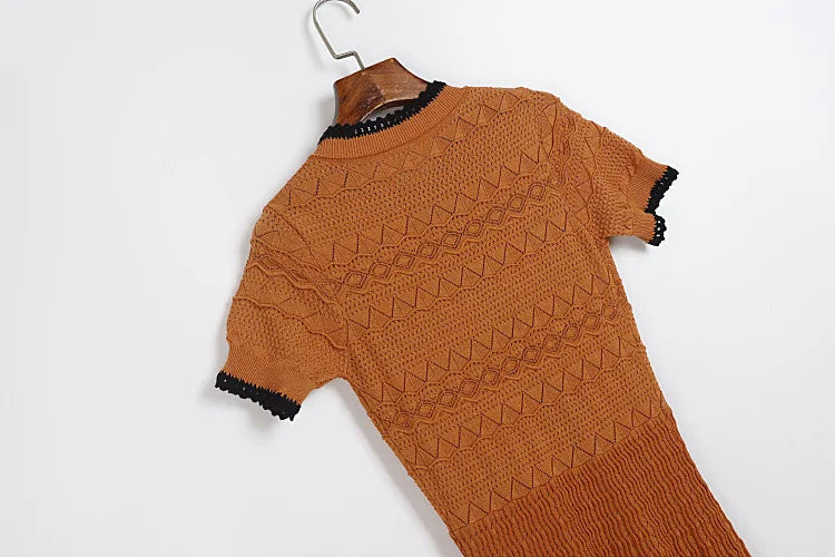 ZJYT Summer New 2026 Fashion Women's Knitted Dress Sweaters Elegant Short Sleeve Mid Calf Casual Holiday Dresses Female Vestido