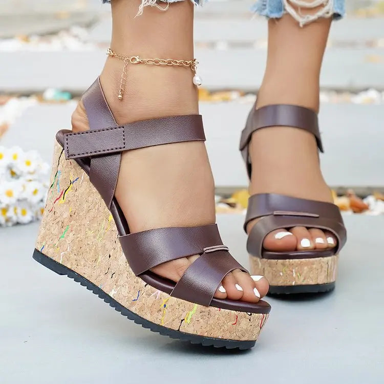 Women's Silver Chunky Platform Sandals 2026 Summer Cork Thick Sole Wedge Sandals Woman Plus Size 43 Pu Leather Casual Shoes