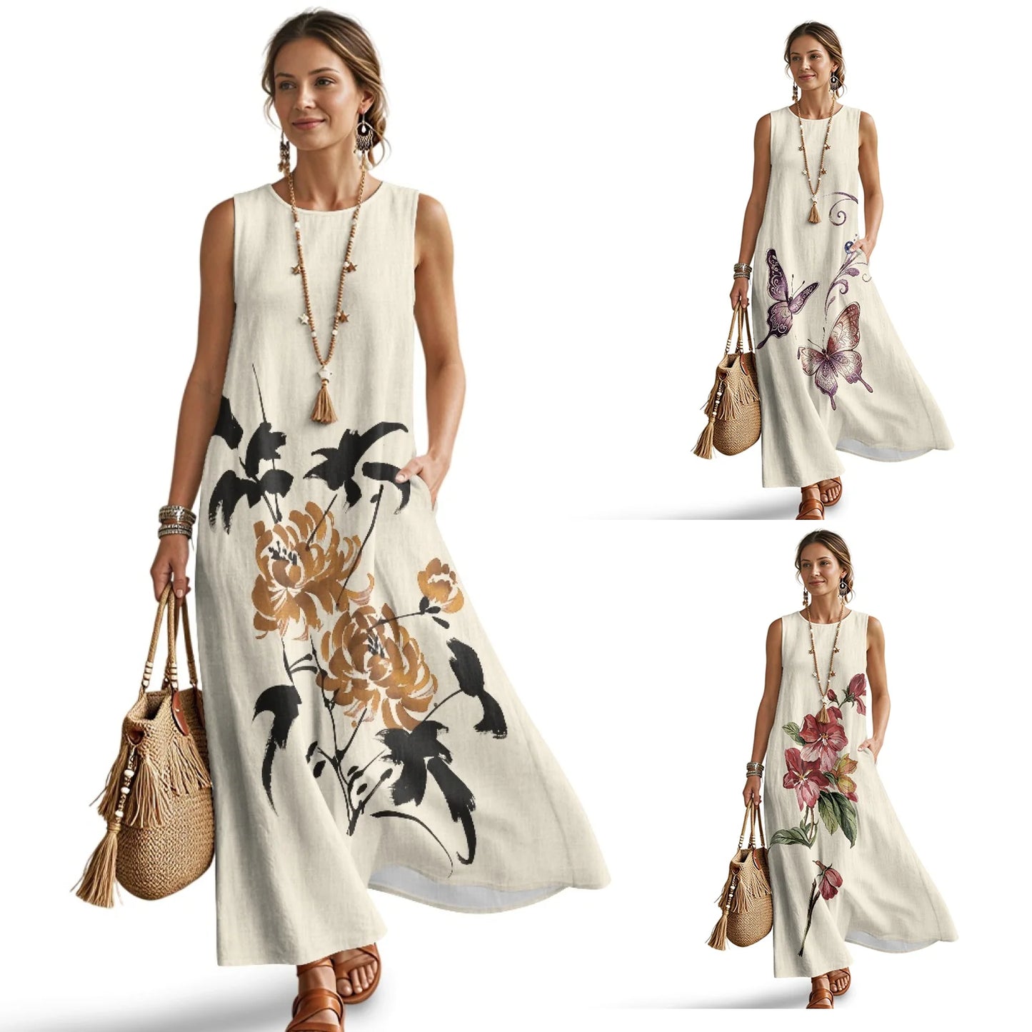Imitation Linen Loose Vest Long Skirt Elegant Floral Summer Dresses for Women Line Sleeveless Sundresses with Pockets