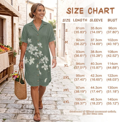 Women's Linen Shirt Dress Chinese Style Flower Womens Dress Summer Button-Down Shirt Dress Loose A-Line Midi Shift Tunic Dress