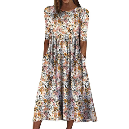Women's Spring/Summer round Neck Pullover Dress with Pockets Middle Sleeve Loose Casual Print Midi Length