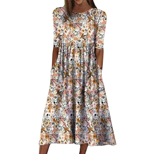 Women's Spring/Summer round Neck Pullover Dress with Pockets Middle Sleeve Loose Casual Print Midi Length