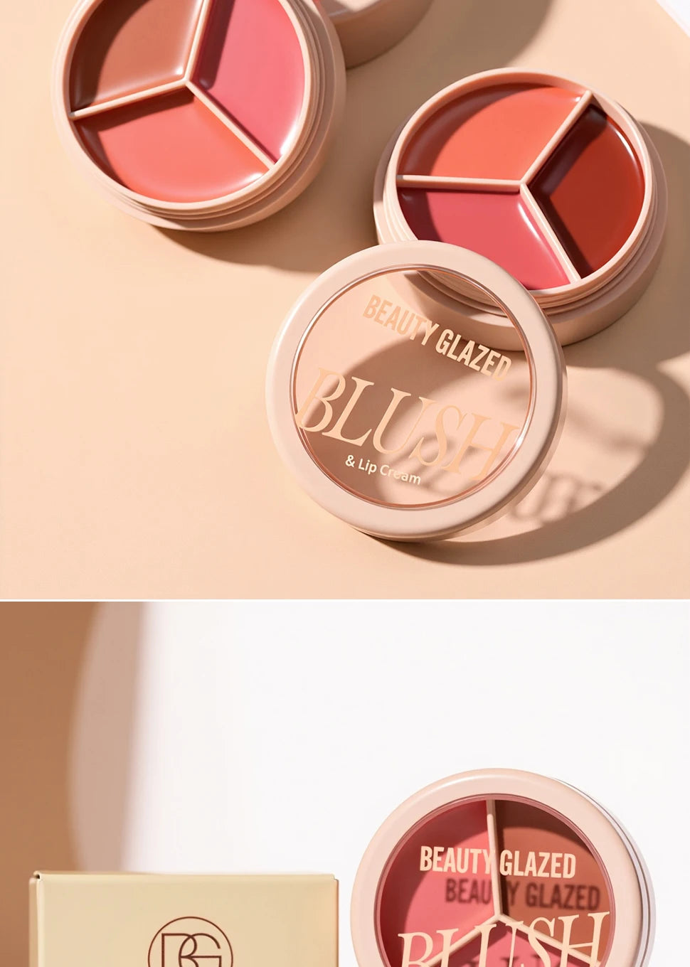 3-color blush palette-cream 2-in-1 multifunctional facial lip makeup, berry, pink, red waterproof