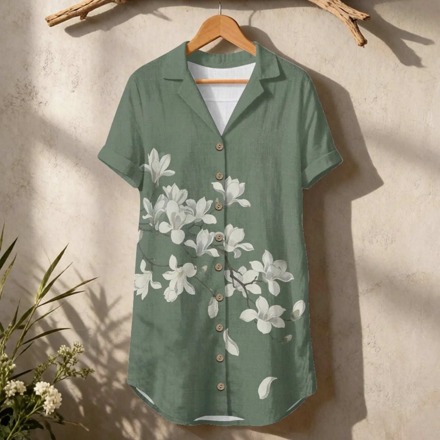Women's Linen Shirt Dress Chinese Style Flower Womens Dress Summer Button-Down Shirt Dress Loose A-Line Midi Shift Tunic Dress