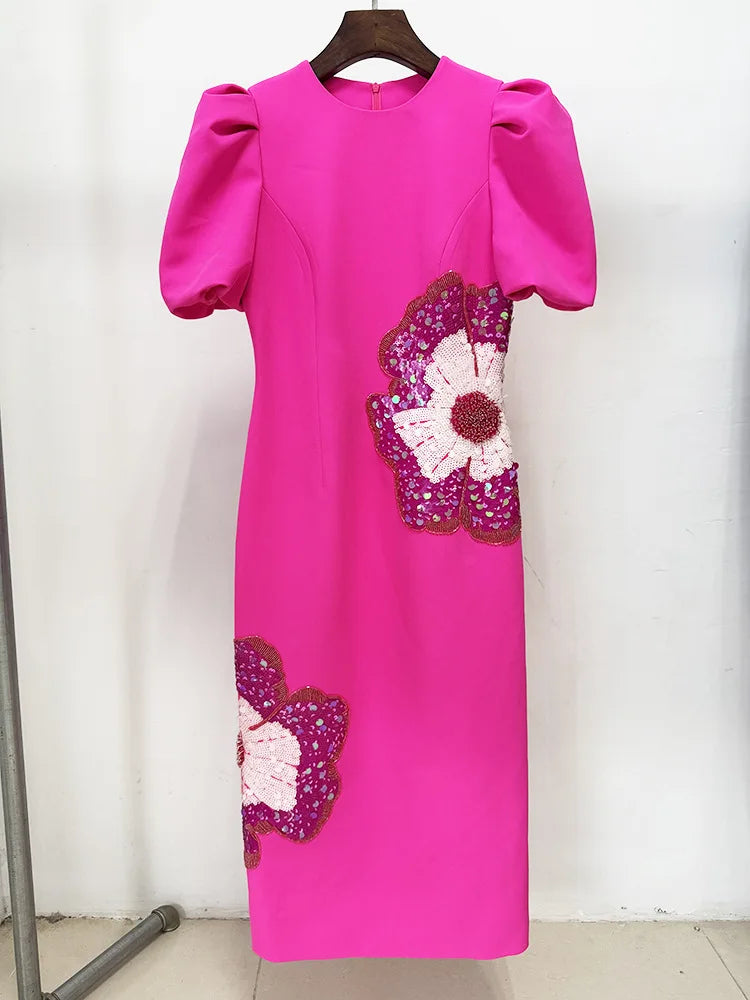 HIGH STREET Newest 2026 Designer Fashion Women's Beaded Sequin Three-Dimensional Flower Short Sleeved Midi Dress