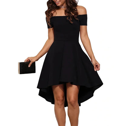 Off-Shoulder Elegance Women’s Asymmetrical Midi Dress - Solid Slim-Fit Season-Versatile Comfort Stretch