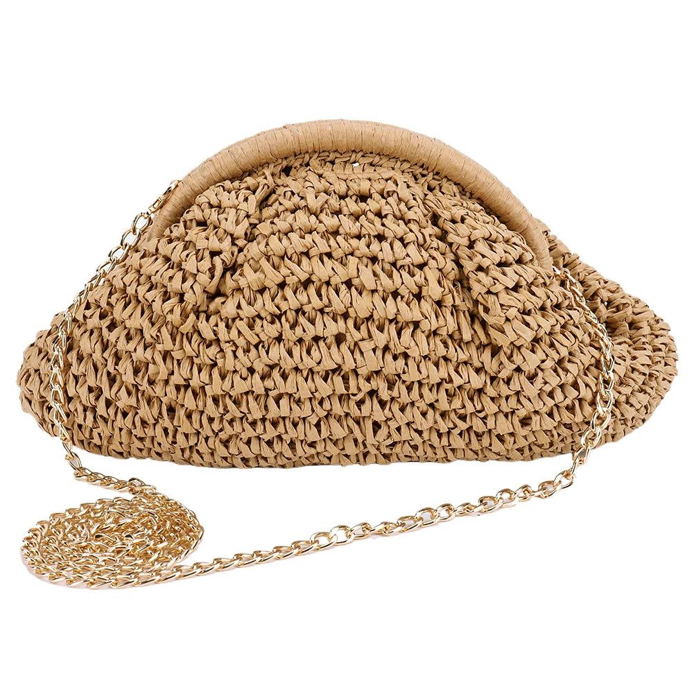 Women Straw Woven Bag Chain Strap Fashion Shoulder Bag Large Capacity Weaving Satchel Bag Solid Color for Party Vacation