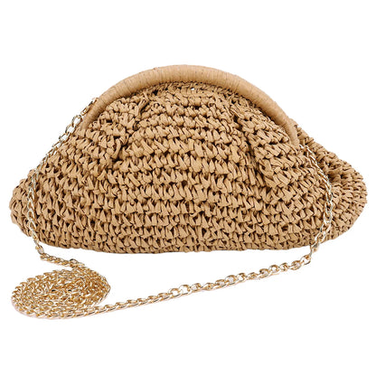 Women Straw Woven Bag Chain Strap Fashion Shoulder Bag Large Capacity Weaving Satchel Bag Solid Color for Party Vacation